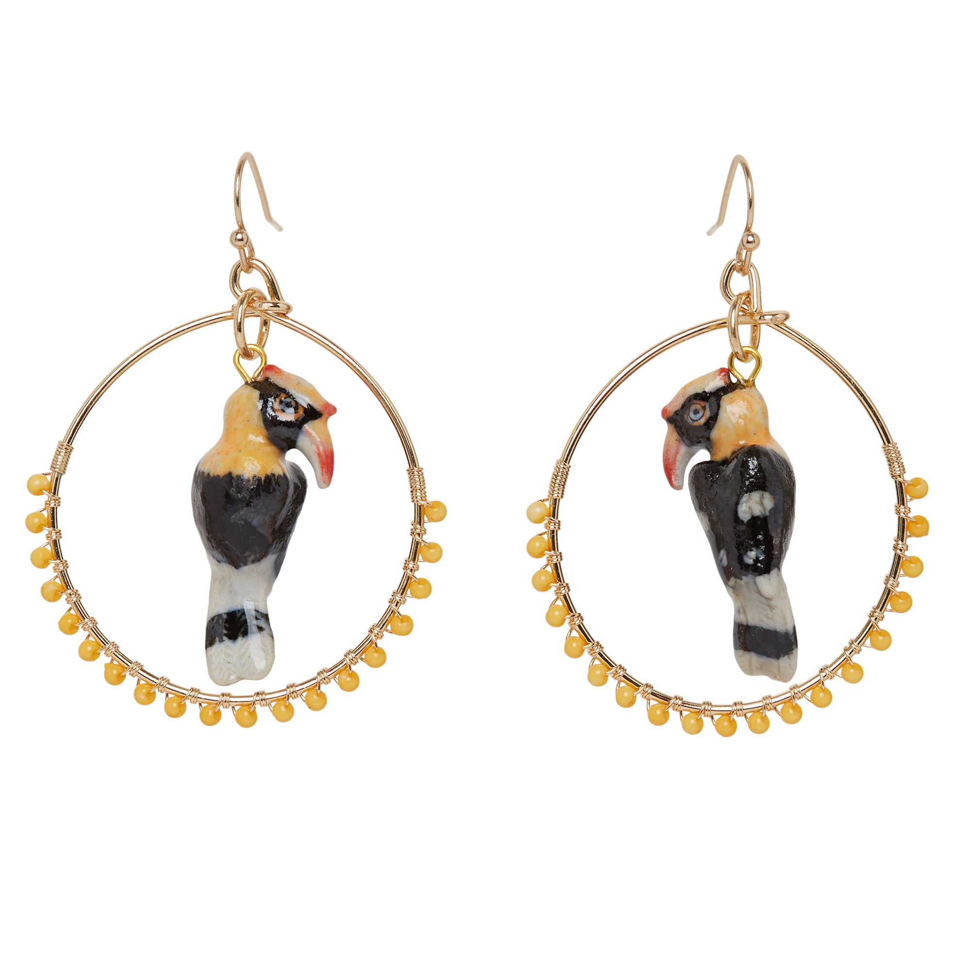 Beaded Hornbill Round Drop Earrings