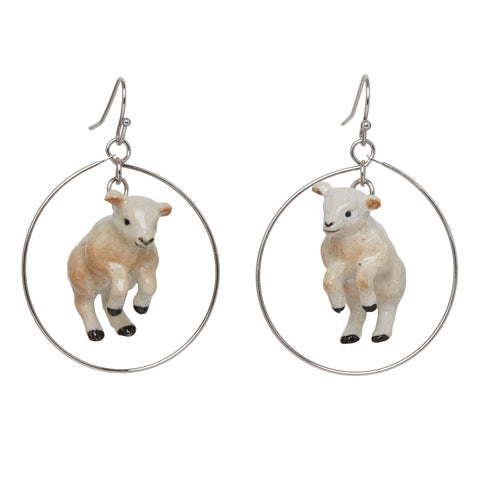 Springing Baby Lamb Hoop Drop Earrings