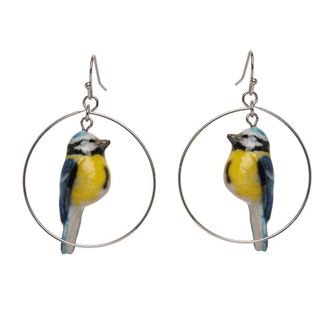 Tiny Blue Tit Round Drop Earrings