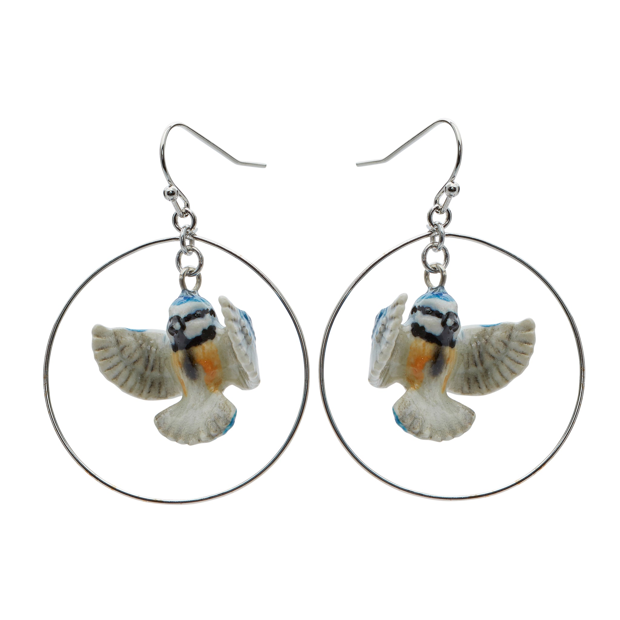 Flying Blue Tit Hoop Drop Earrings