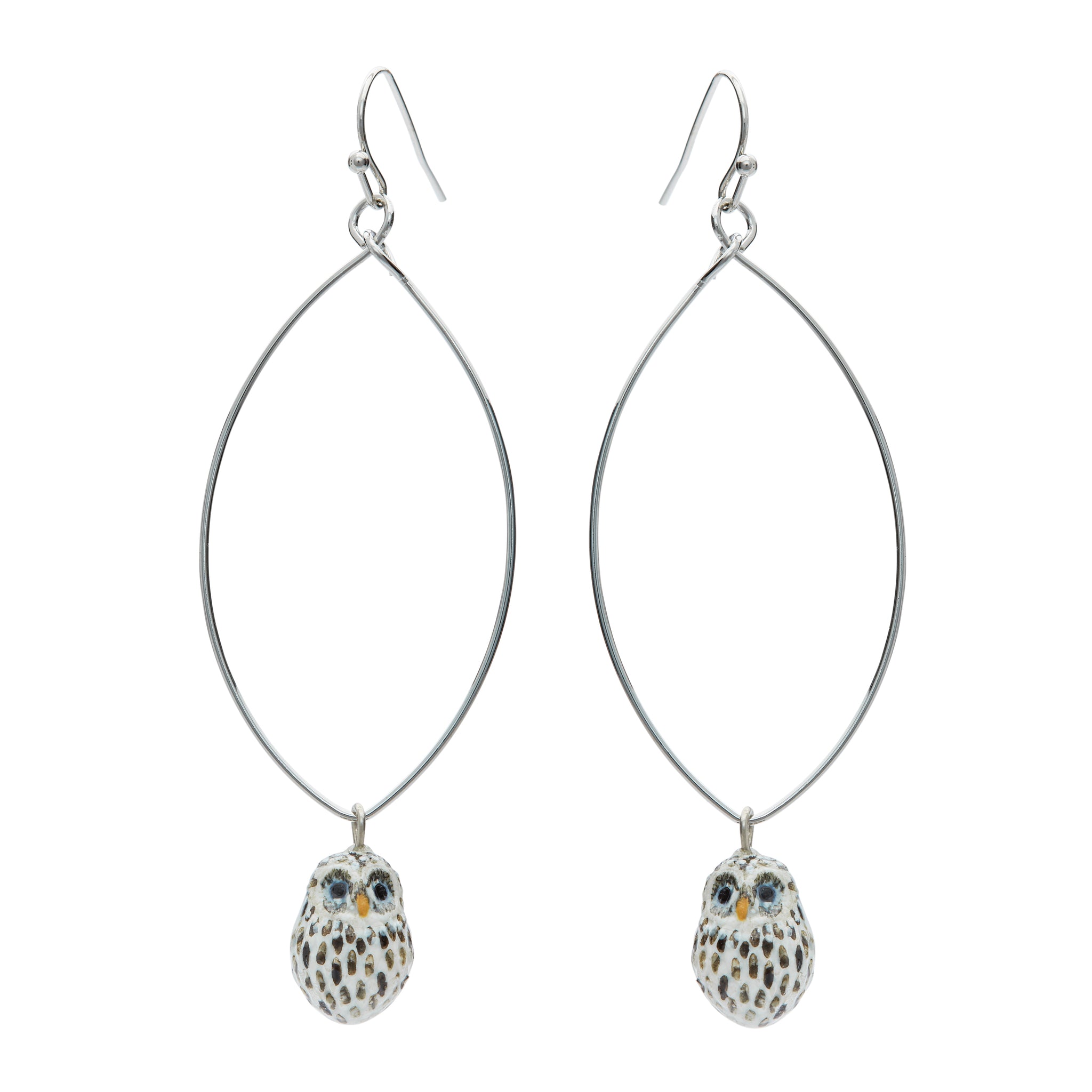 Tiny Baby Snow Owl Oval Drop Earrings