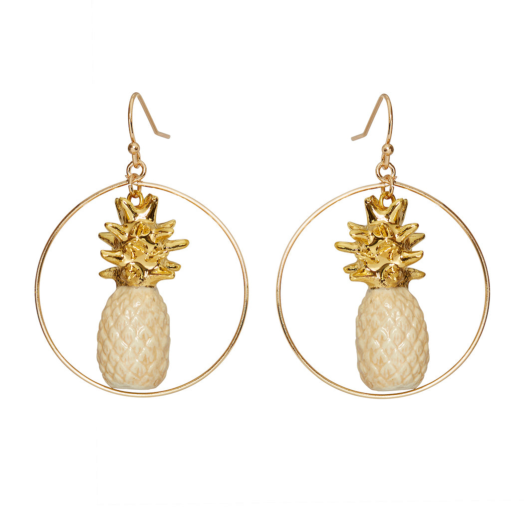 Beige & Gold Pineapple Round Drop Earrings