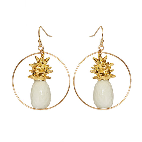 White & Gold Pineapple Round Drop Earrings